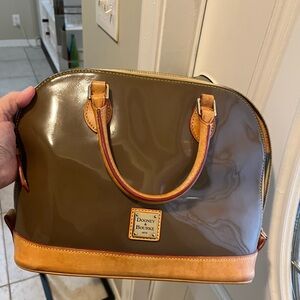 Dooney & Bourke olive & tan patent leather satchel with a blue interior vintage